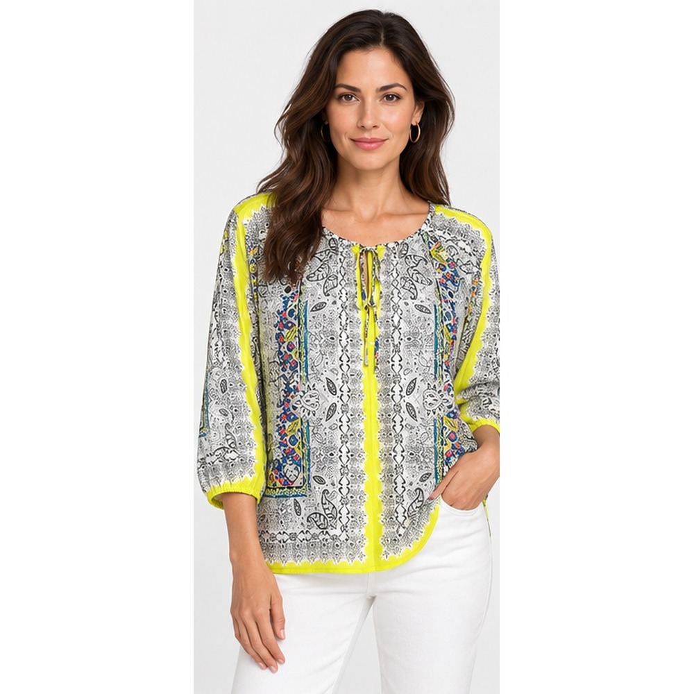 New Johnny Was Shirt Blouse Womens M White Floral 100% Silk 3/4 Sleeve Paisley